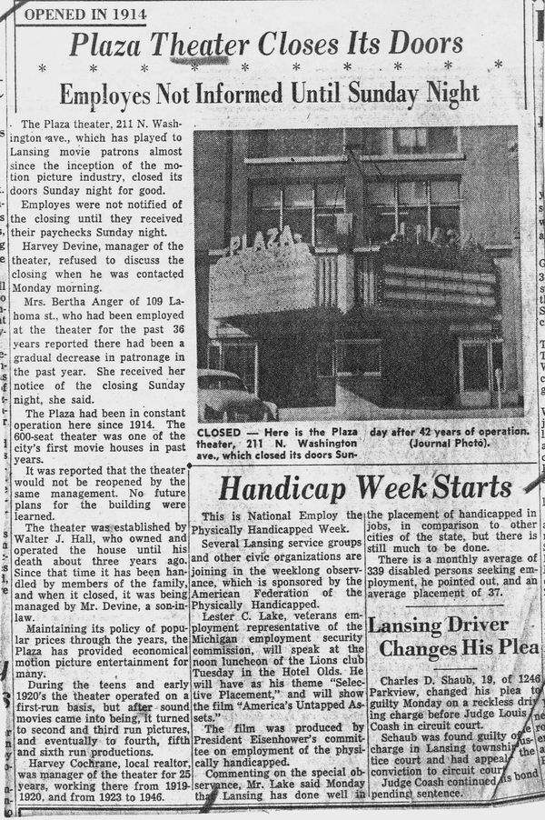 Plaza Theatre - Plaza Closes Oct 8 1956 From Ron Gross